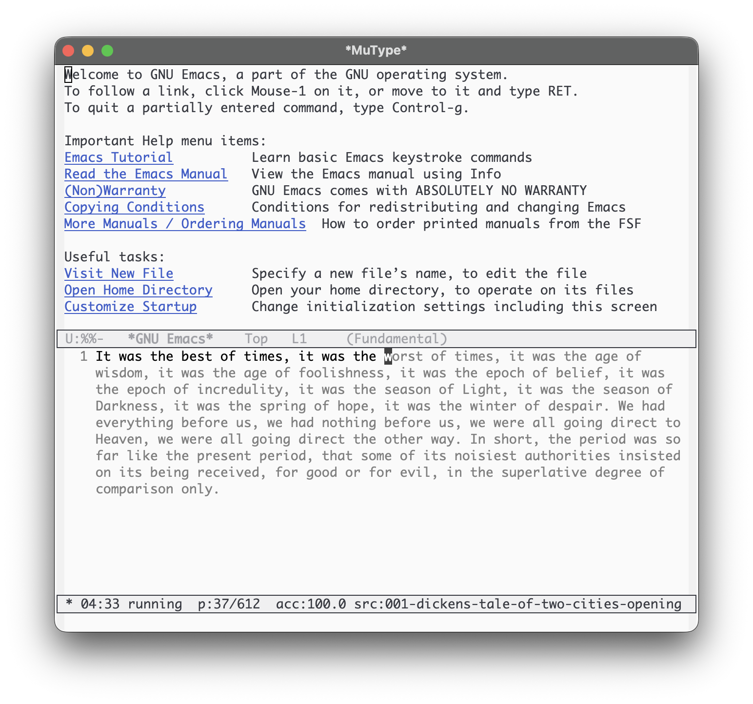Screenshot of a MuType session in Emacs