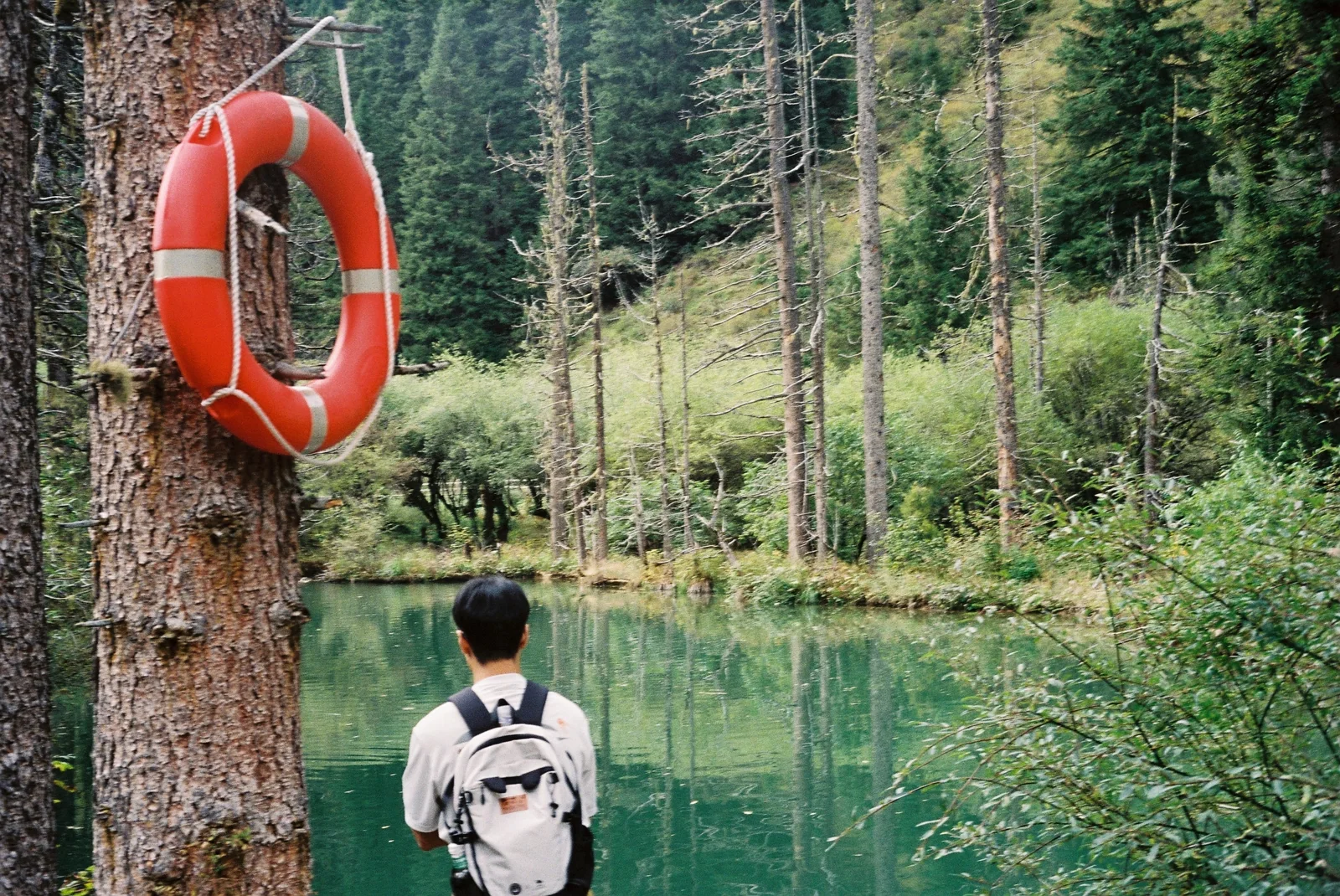 湖边救生圈与栈道上的游客