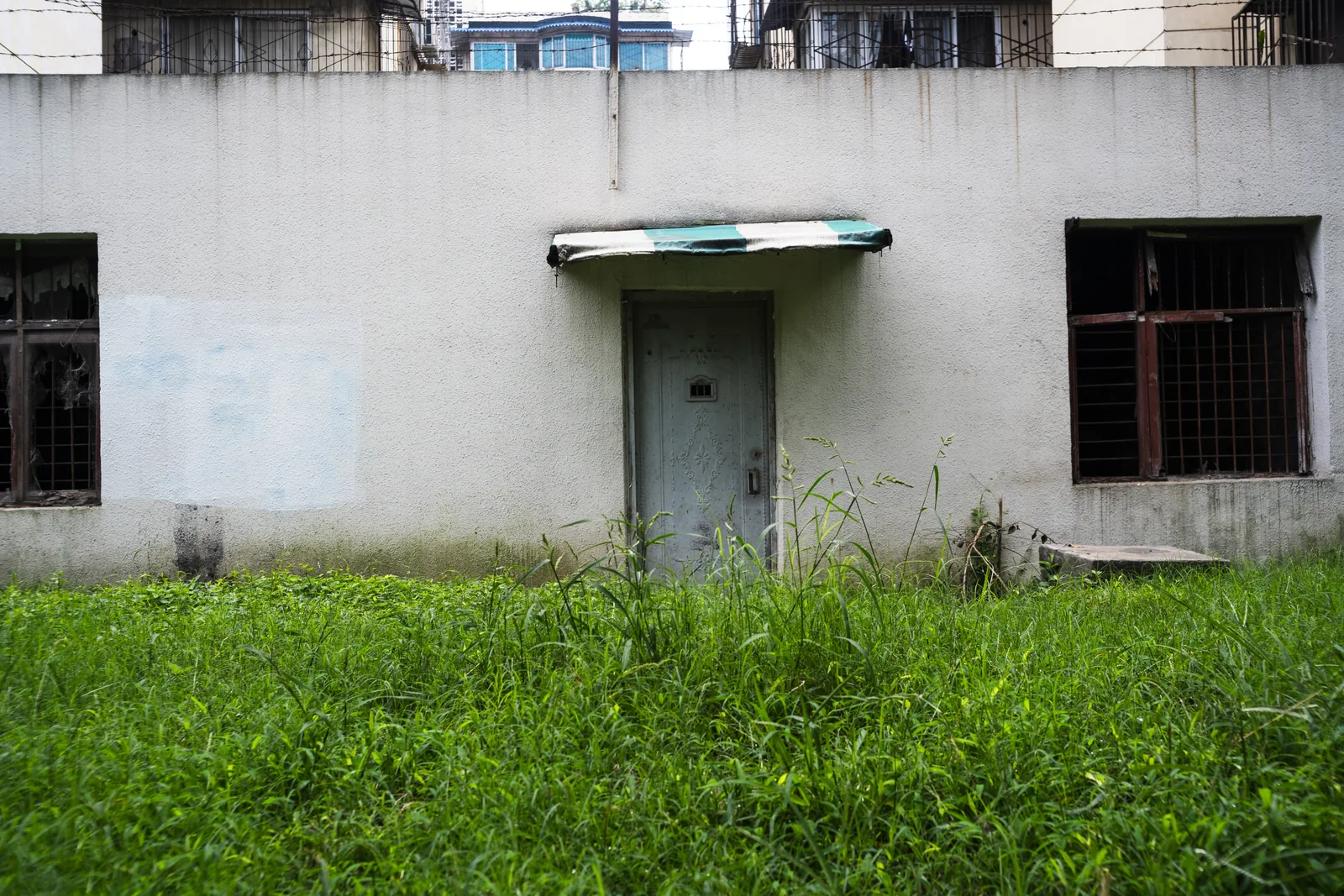 白色建筑外墙与墙前的绿色草地